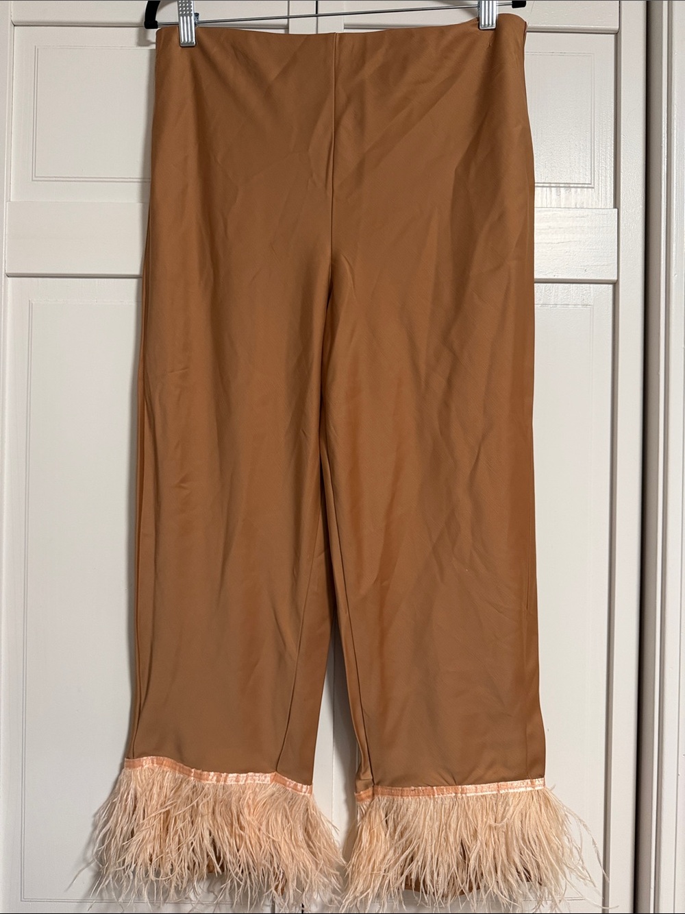 Rachel Roe Wide-Leg Pants with Feather Trim - Camel Brown